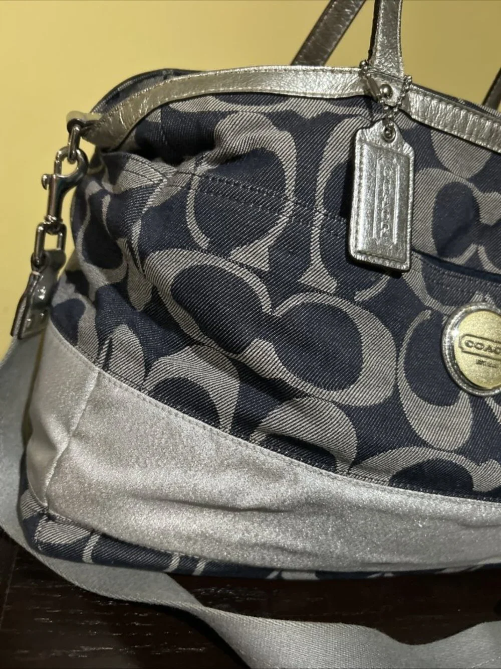 Coach XL Denim Signature Stripe Tote Weekender Diaper Bag F17443 Large Handbag